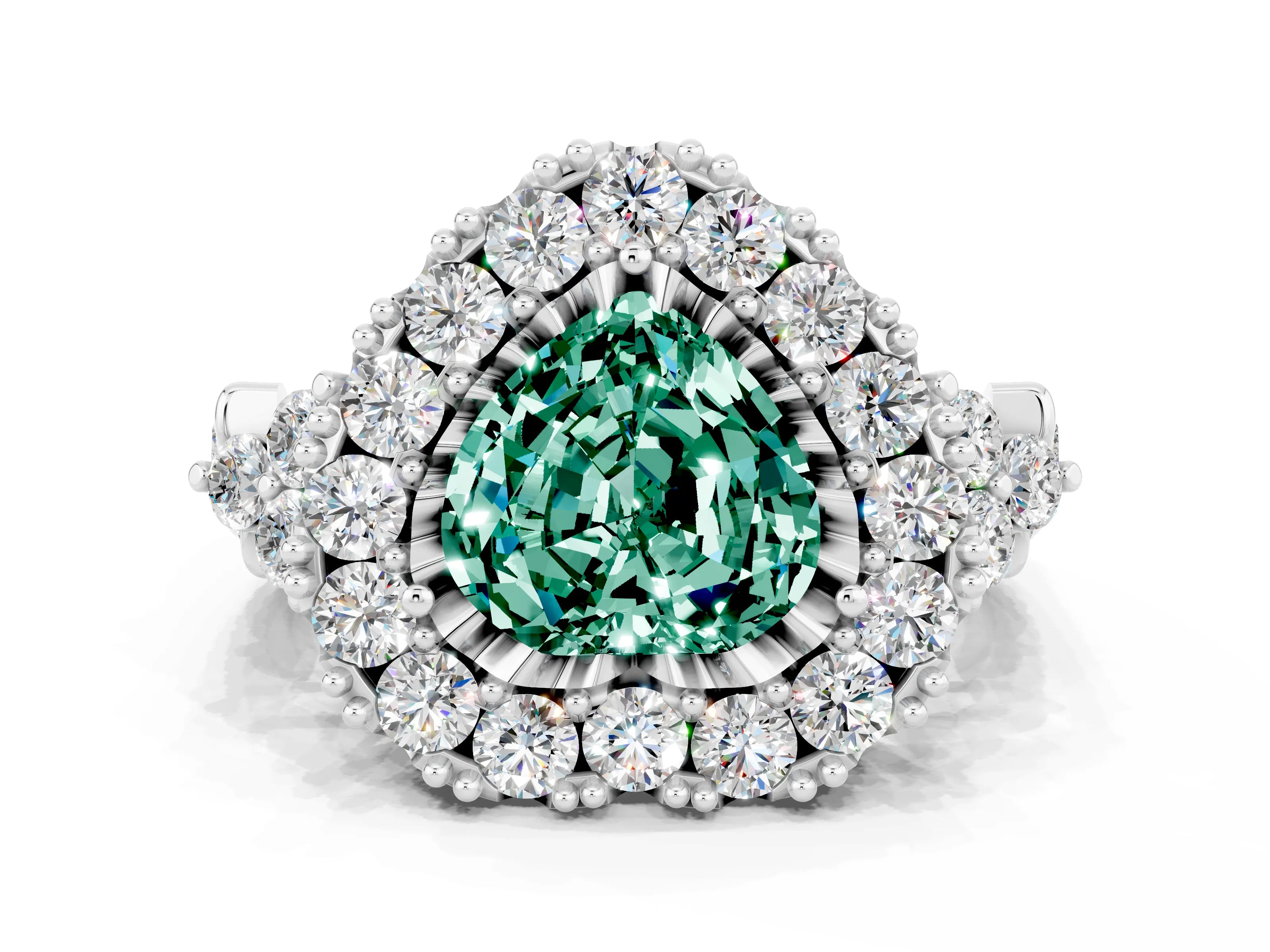 White gold Heart Cut Green Sapphire Halo Ring with Pavé Band and Four-Prong Setting_12