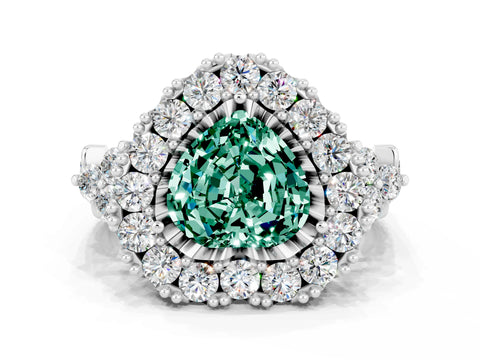 White gold Heart Cut Green Sapphire Halo Ring with Pavé Band and Four-Prong Setting_12