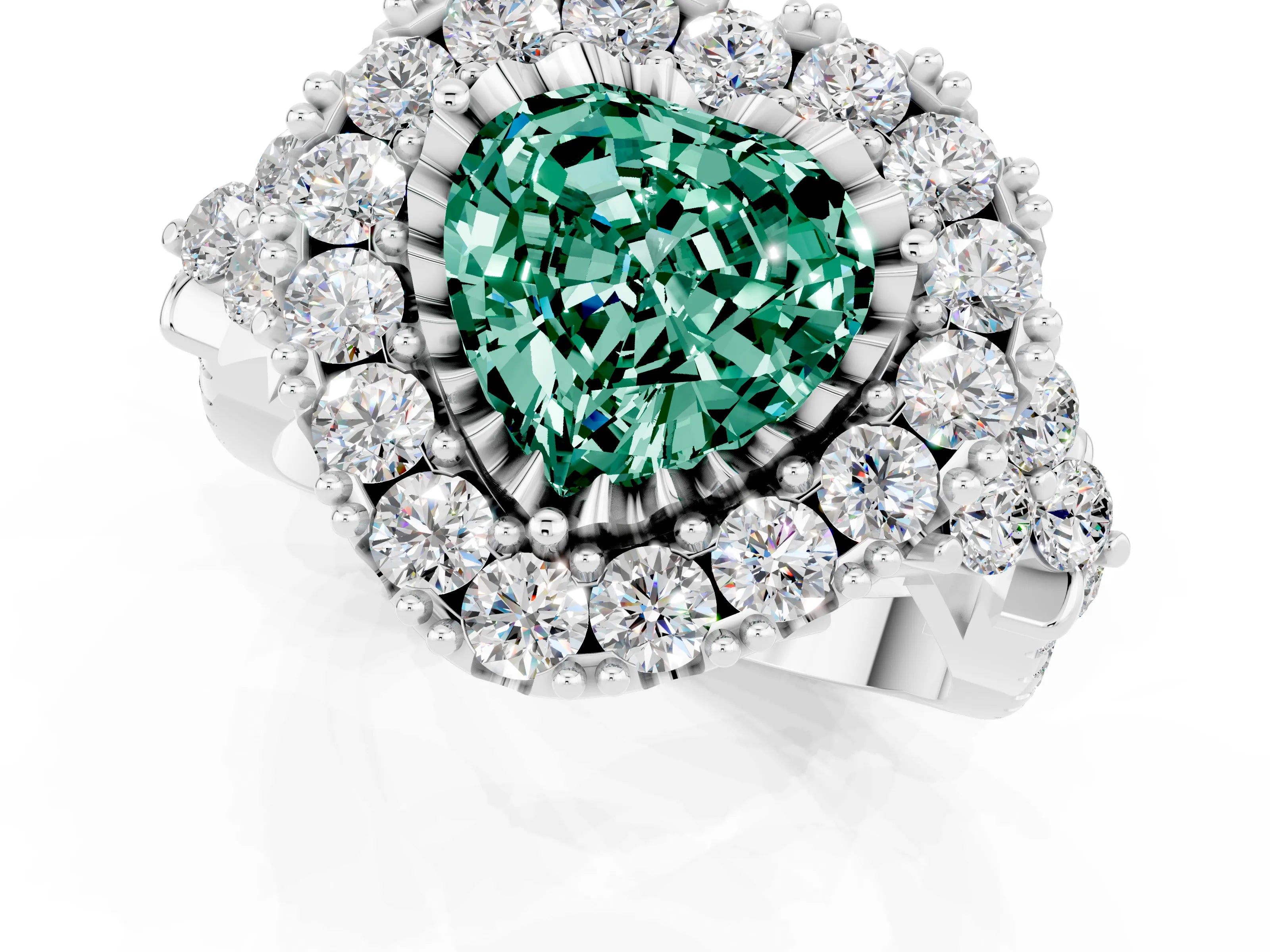 White gold Heart Cut Green Sapphire Halo Ring with Pavé Band and Four-Prong Setting_13