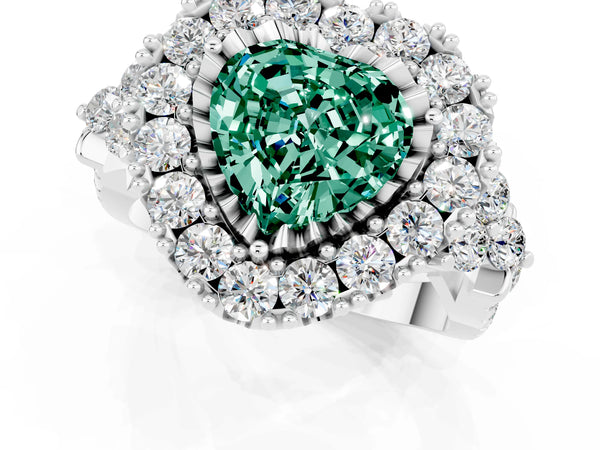 Silver Heart Cut Green Sapphire Halo Ring with Pavé Band and Four-Prong Setting