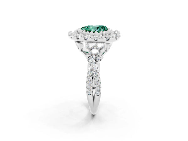 Platinum Heart Cut Green Sapphire Halo Ring with Pavé Band and Four-Prong Setting