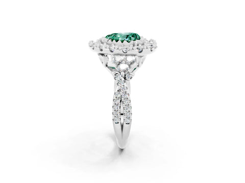 White gold Heart Cut Green Sapphire Halo Ring with Pavé Band and Four-Prong Setting_14