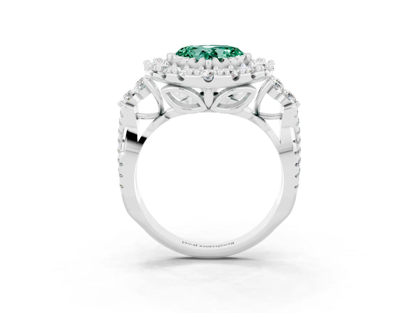 Platinum Heart Cut Green Sapphire Halo Ring with Pavé Band and Four-Prong Setting