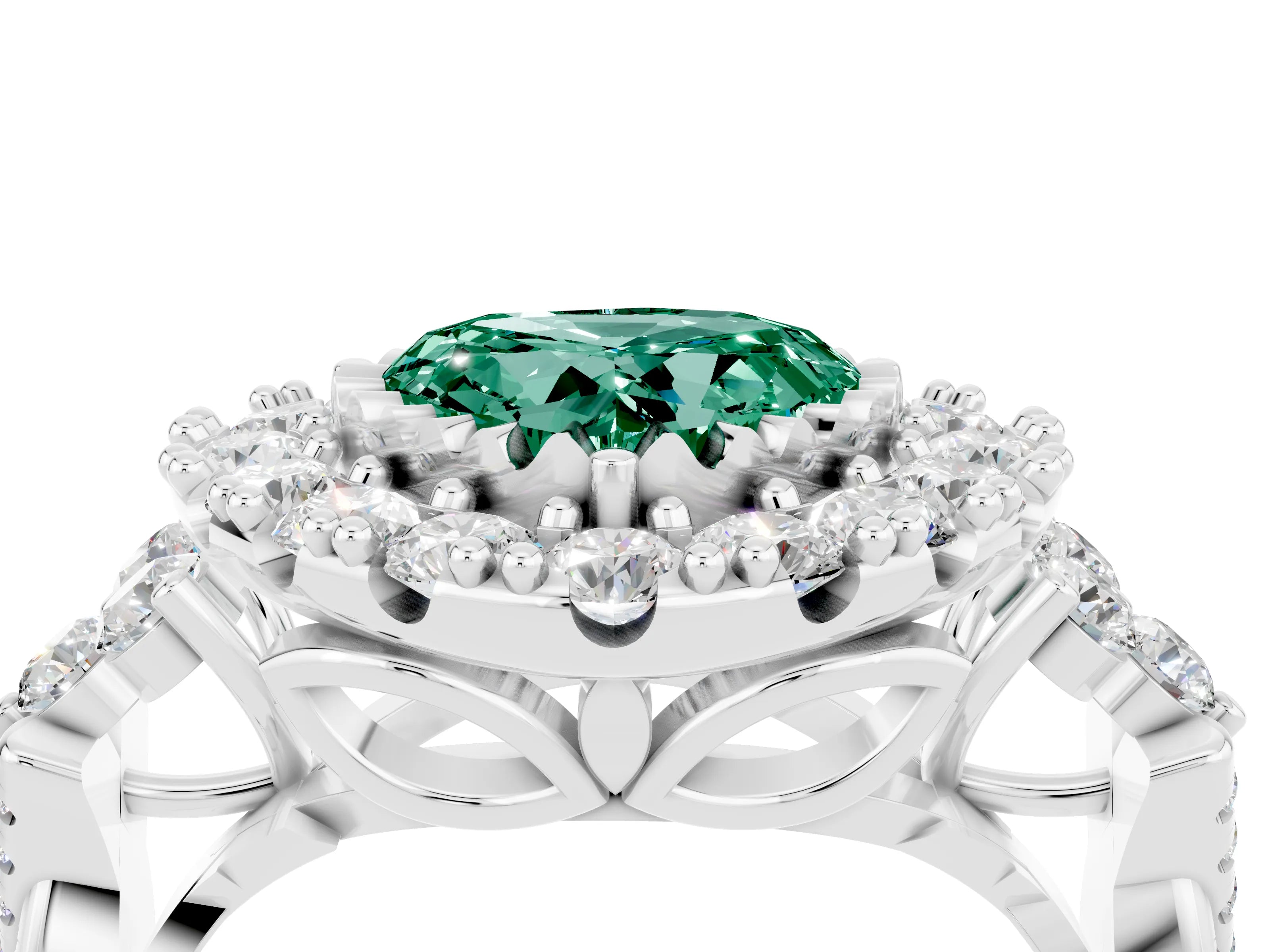 White gold Heart Cut Green Sapphire Halo Ring with Pavé Band and Four-Prong Setting_16