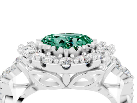 White gold Heart Cut Green Sapphire Halo Ring with Pavé Band and Four-Prong Setting_16