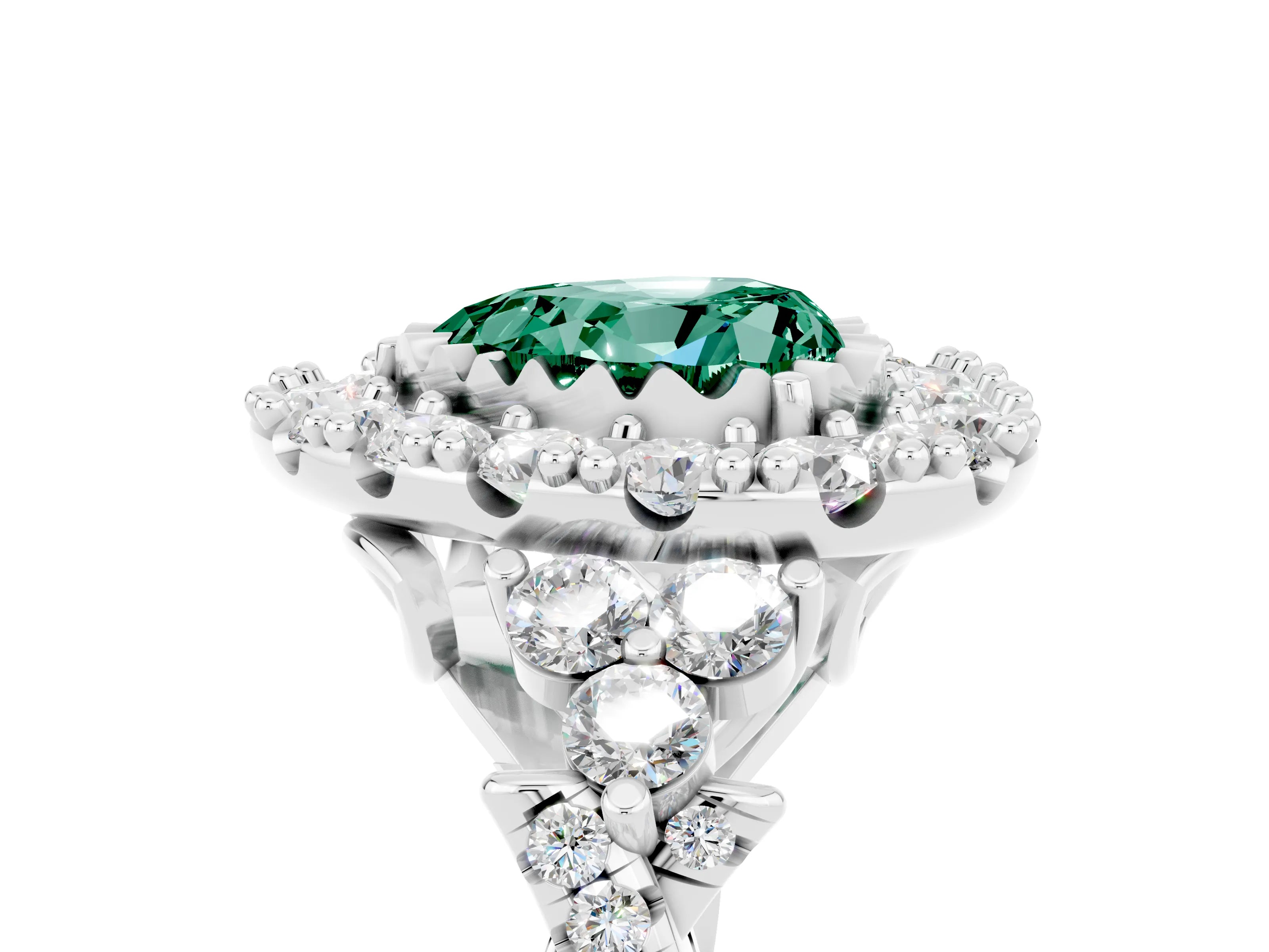 White gold Heart Cut Green Sapphire Halo Ring with Pavé Band and Four-Prong Setting_17