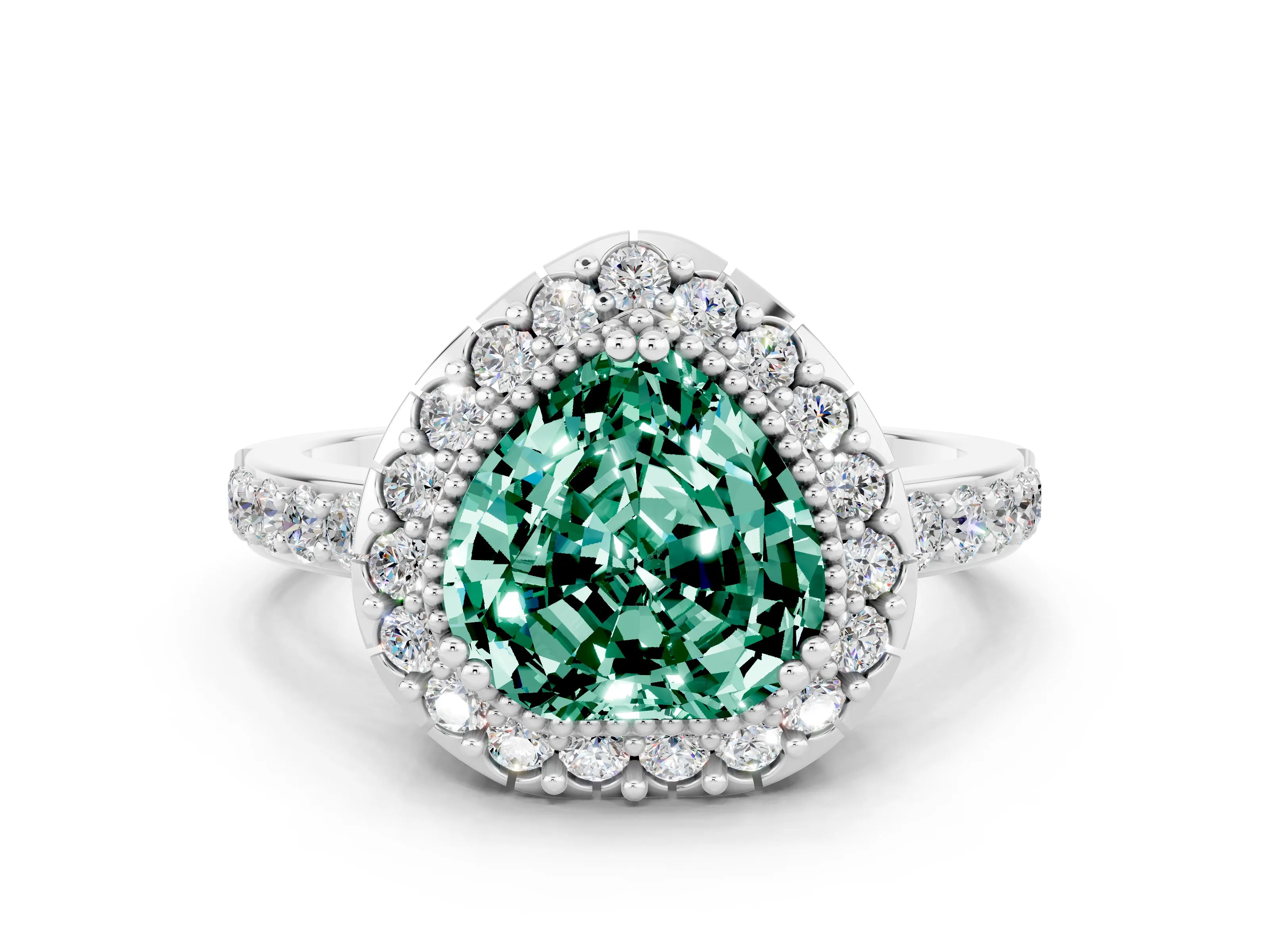 White gold Heart Cut Green Sapphire Halo Ring with Pavé Band and Prong Setting