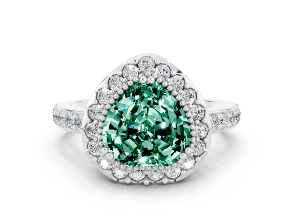 Platinum Heart Cut Green Sapphire Halo Ring with Pavé Band and Prong Setting
