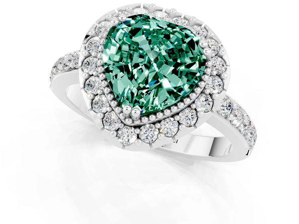 White gold Heart Cut Green Sapphire Halo Ring with Pavé Band and Prong Setting