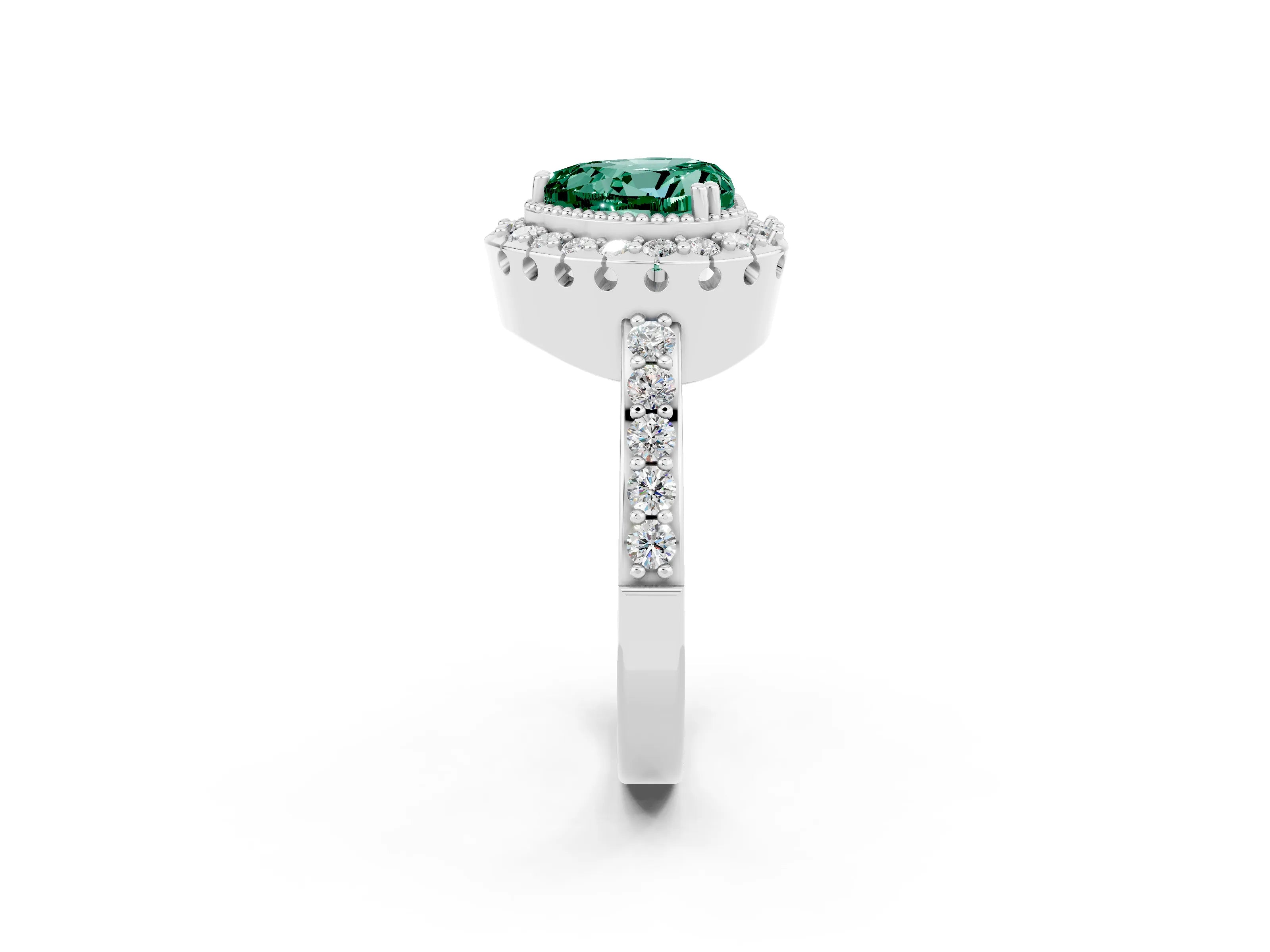 White gold Heart Cut Green Sapphire Halo Ring with Pavé Band and Prong Setting_2