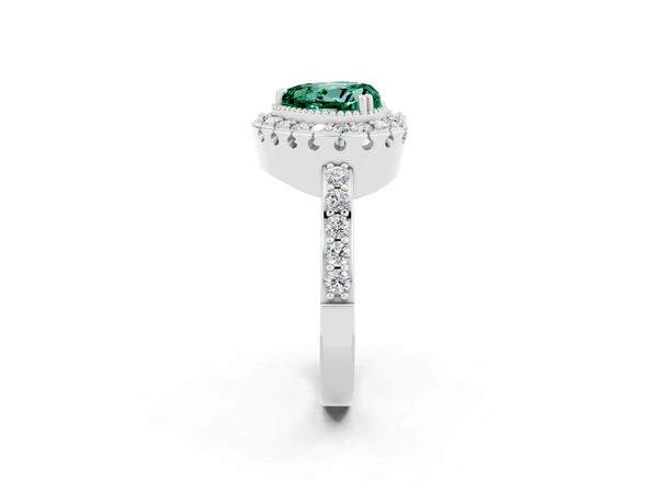 Silver Heart Cut Green Sapphire Halo Ring with Pavé Band and Prong Setting