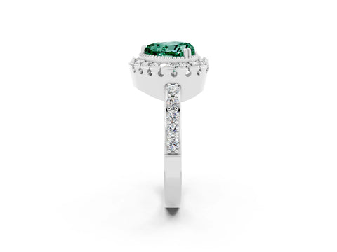 White gold Heart Cut Green Sapphire Halo Ring with Pavé Band and Prong Setting_2