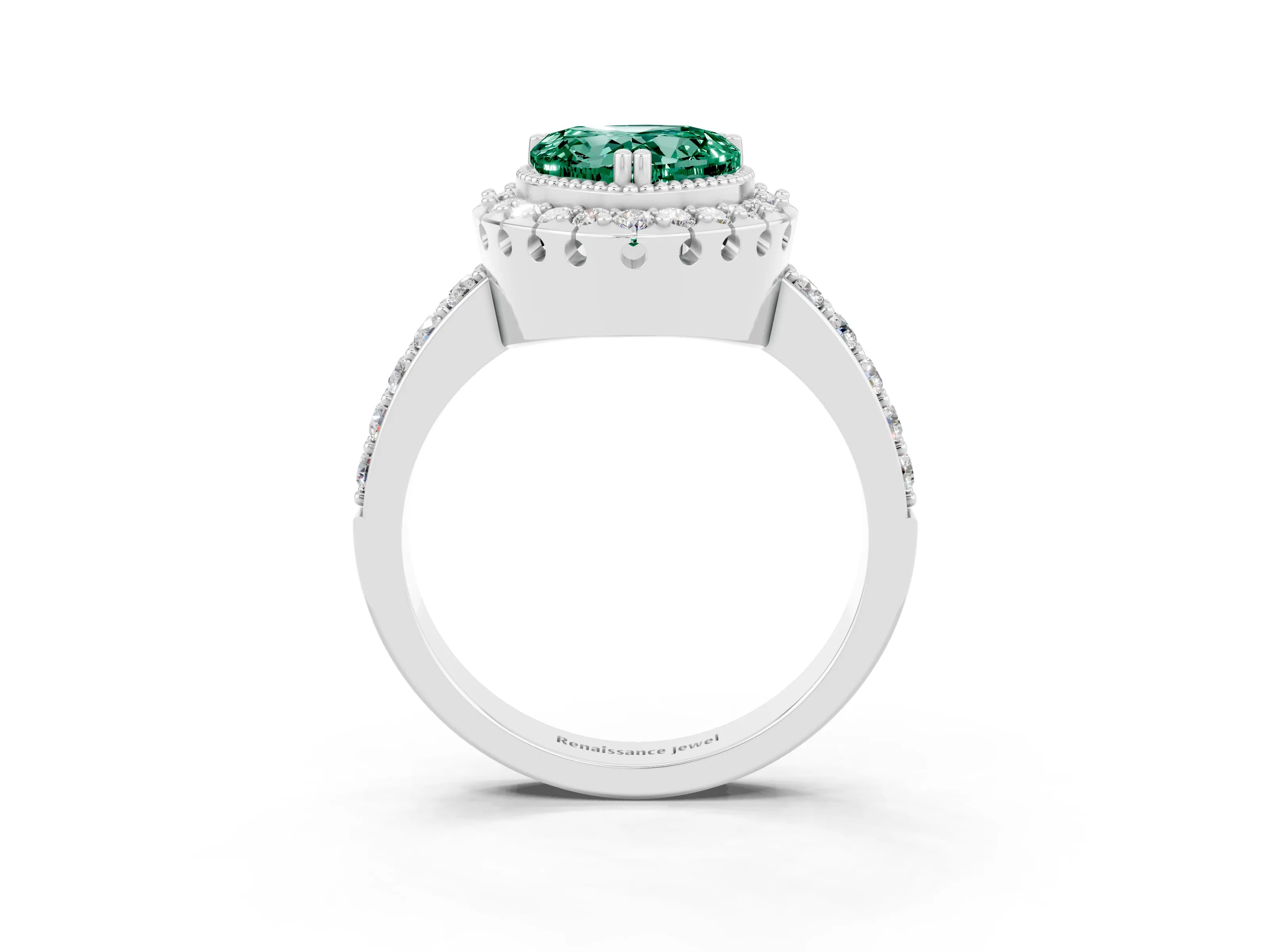 White gold Heart Cut Green Sapphire Halo Ring with Pavé Band and Prong Setting_3