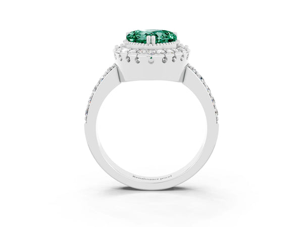 Platinum Heart Cut Green Sapphire Halo Ring with Pavé Band and Prong Setting