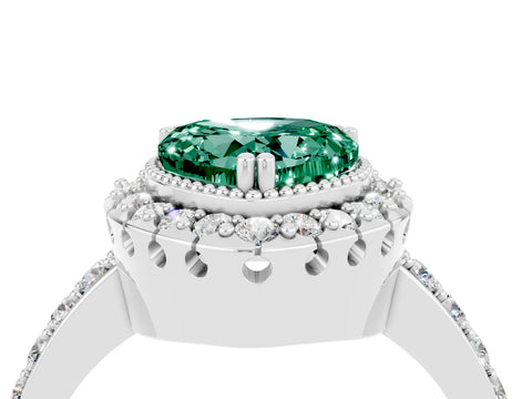 White gold Heart Cut Green Sapphire Halo Ring with Pavé Band and Prong Setting_4