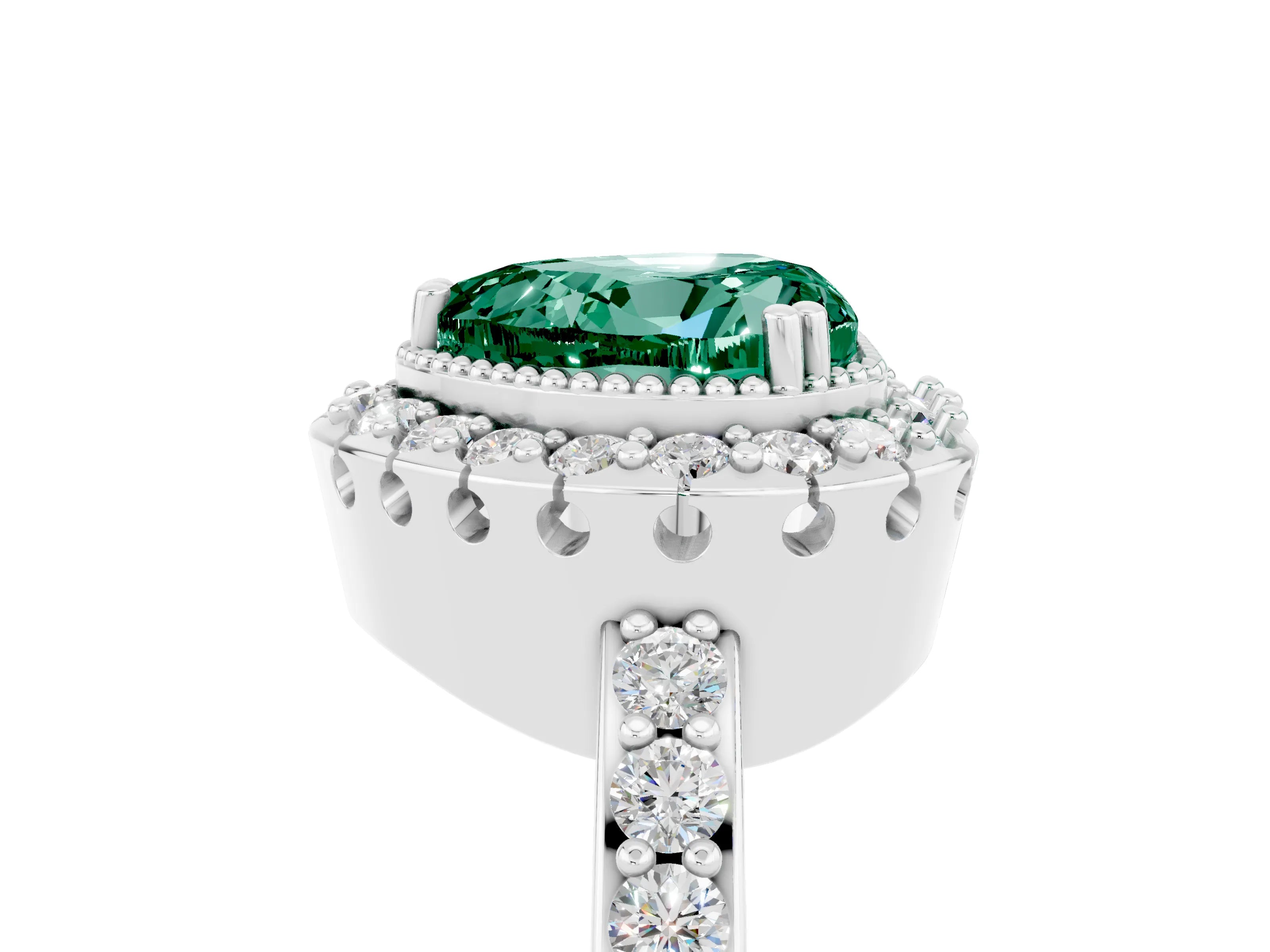 White gold Heart Cut Green Sapphire Halo Ring with Pavé Band and Prong Setting_5