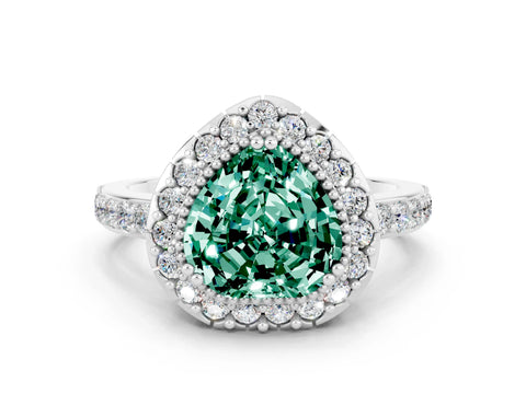 White gold Heart Cut Green Sapphire Halo Ring with Pavé Band and Prong Setting