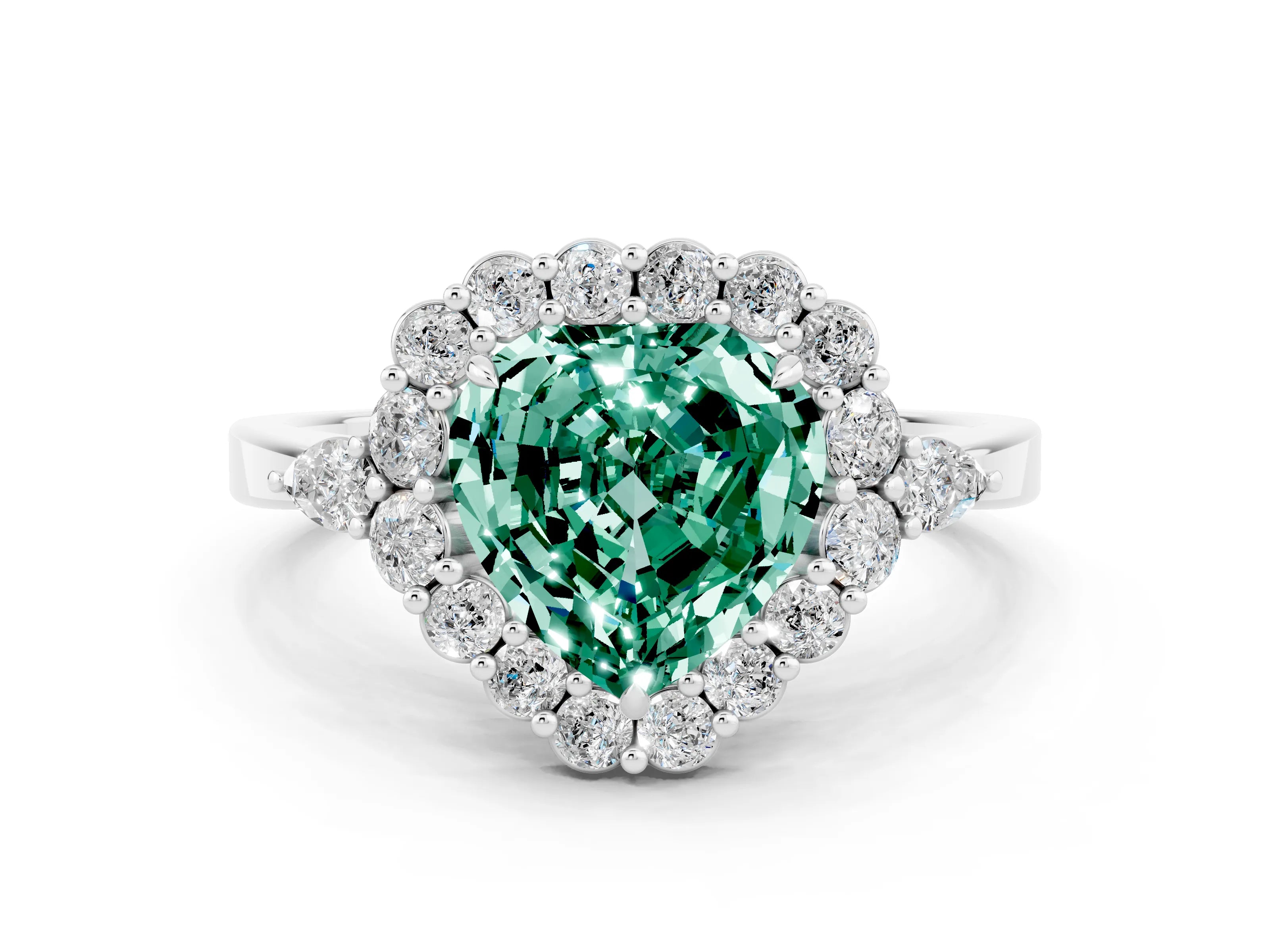 White gold Heart Cut Green Sapphire Halo Ring with Pear Side Stones and Prong Setting_12