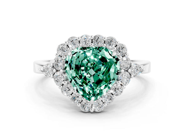 Platinum Heart Cut Green Sapphire Halo Ring with Pear Side Stones and Prong Setting