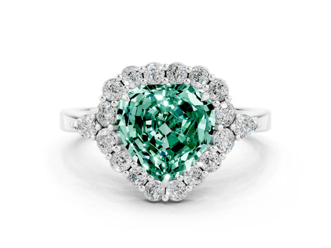 White gold Heart Cut Green Sapphire Halo Ring with Pear Side Stones and Prong Setting_12