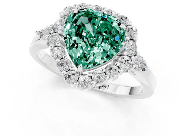 Silver Heart Cut Green Sapphire Halo Ring with Pear Side Stones and Prong Setting