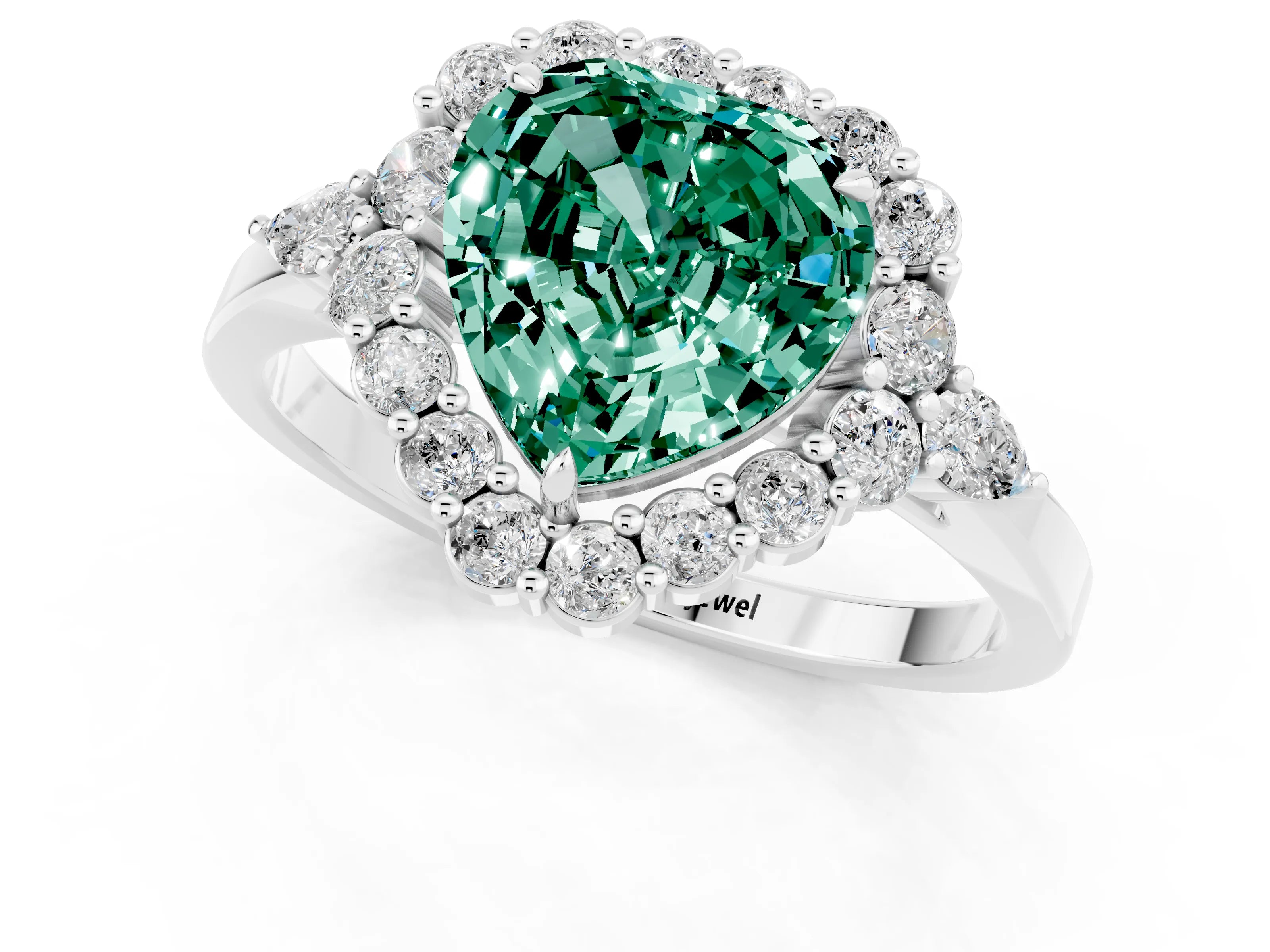 White gold Heart Cut Green Sapphire Halo Ring with Pear Side Stones and Prong Setting_13