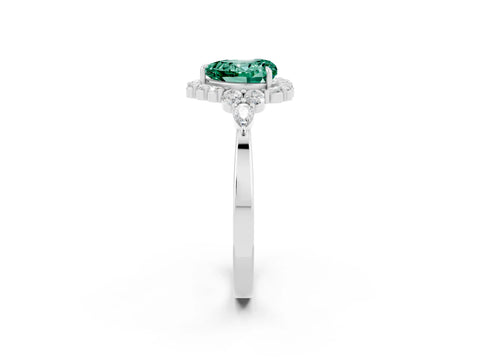 White gold Heart Cut Green Sapphire Halo Ring with Pear Side Stones and Prong Setting_14