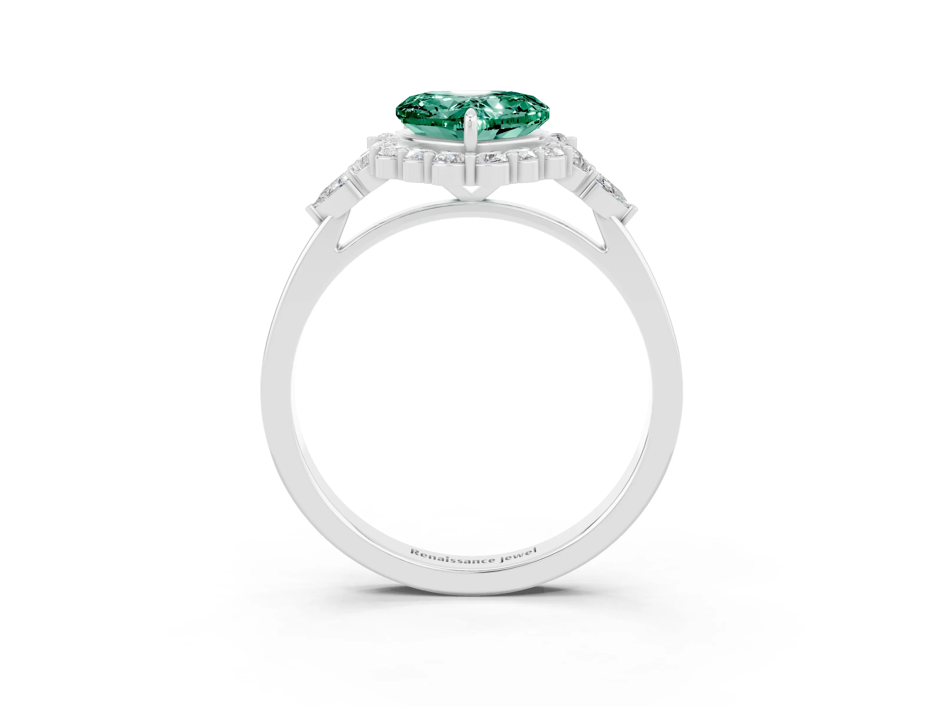 White gold Heart Cut Green Sapphire Halo Ring with Pear Side Stones and Prong Setting_15