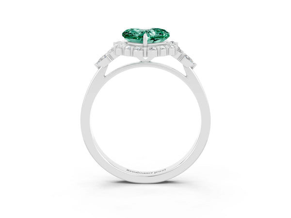Silver Heart Cut Green Sapphire Halo Ring with Pear Side Stones and Prong Setting