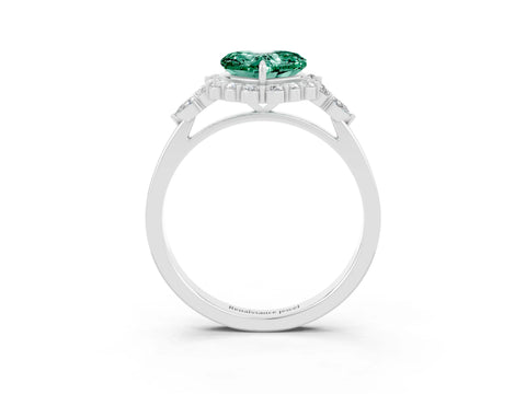 White gold Heart Cut Green Sapphire Halo Ring with Pear Side Stones and Prong Setting_15