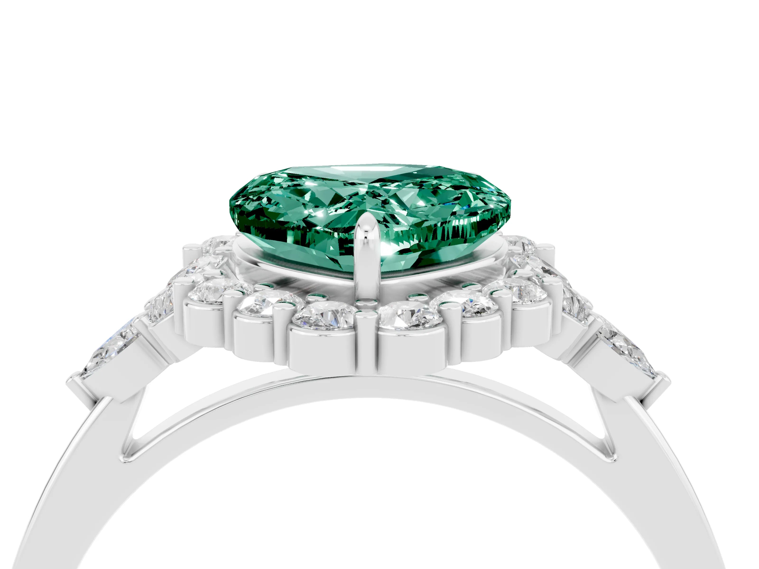 White gold Heart Cut Green Sapphire Halo Ring with Pear Side Stones and Prong Setting_16