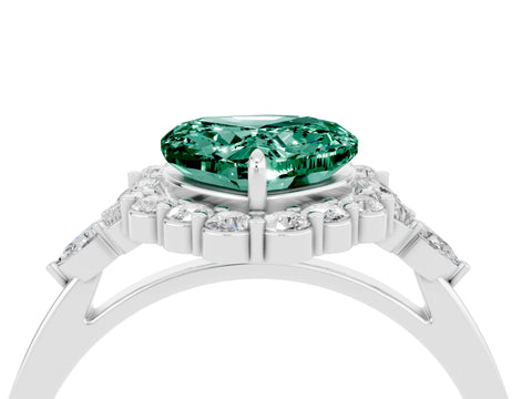 White gold Heart Cut Green Sapphire Halo Ring with Pear Side Stones and Prong Setting_16