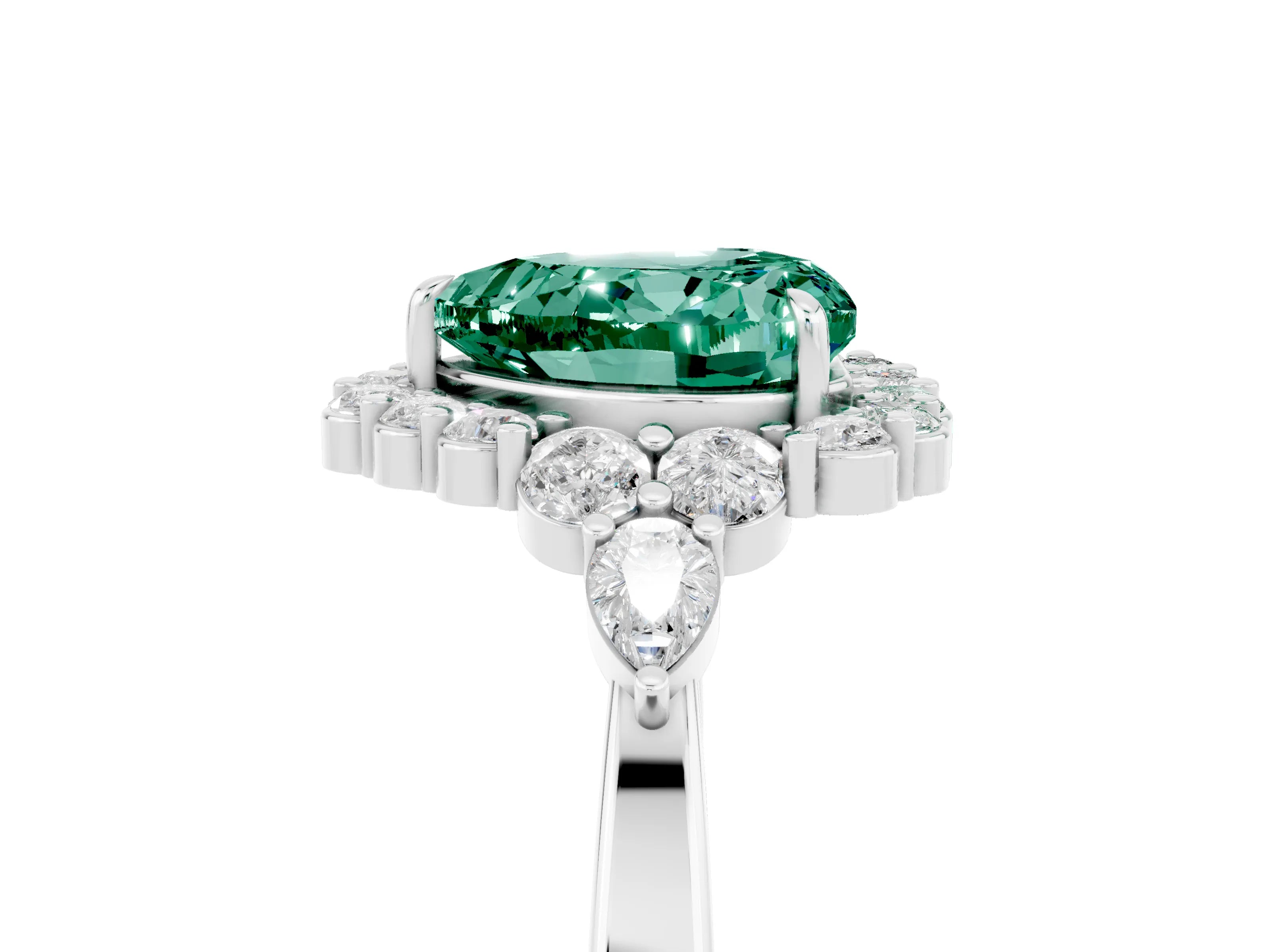 White gold Heart Cut Green Sapphire Halo Ring with Pear Side Stones and Prong Setting_17