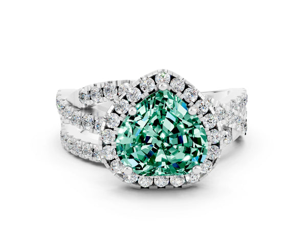 Platinum Heart Cut Green Sapphire Halo Ring with Round Split Shank and Prong Setting