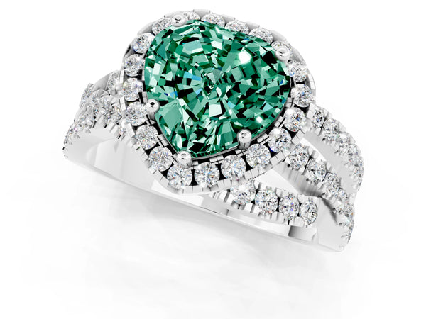 Silver Heart Cut Green Sapphire Halo Ring with Round Split Shank and Prong Setting