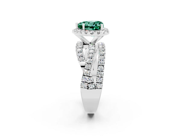 White gold Heart Cut Green Sapphire Halo Ring with Round Split Shank and Prong Setting
