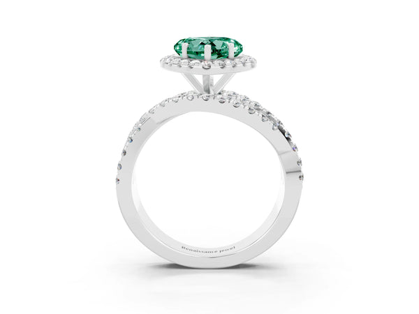 Platinum Heart Cut Green Sapphire Halo Ring with Round Split Shank and Prong Setting