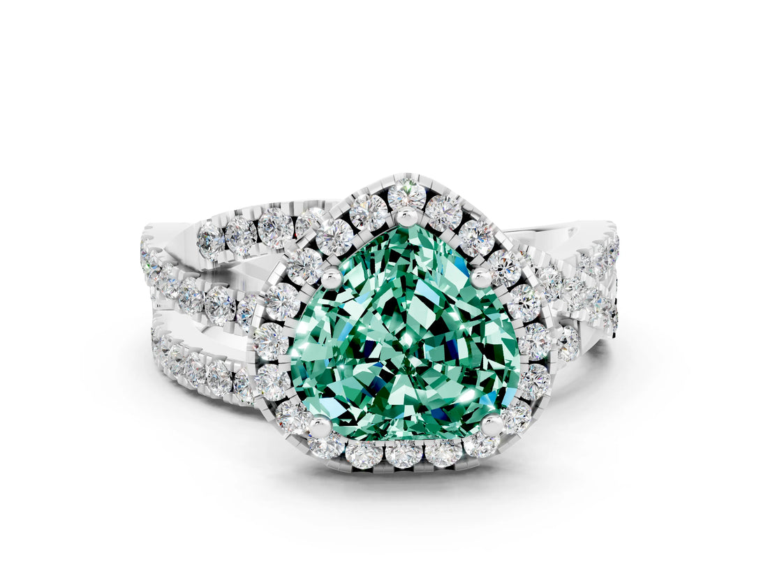 White gold Heart Cut Green Sapphire Halo Ring with Round Split Shank and Prong Setting_60