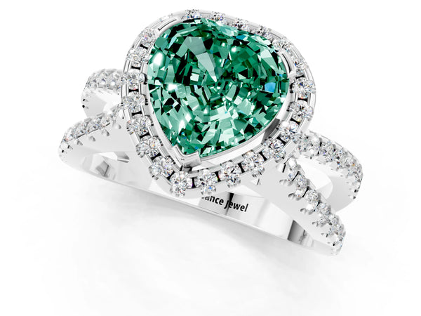White gold Heart Cut Green Sapphire Halo Ring with Split Shank Pavé Band and Prong Setting