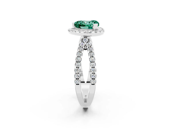 Platinum Heart Cut Green Sapphire Halo Ring with Split Shank Pavé Band and Prong Setting