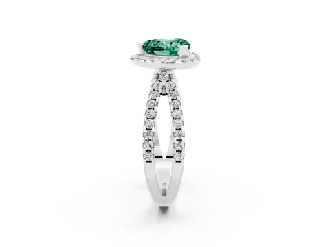 White gold Heart Cut Green Sapphire Halo Ring with Split Shank Pavé Band and Prong Setting_2