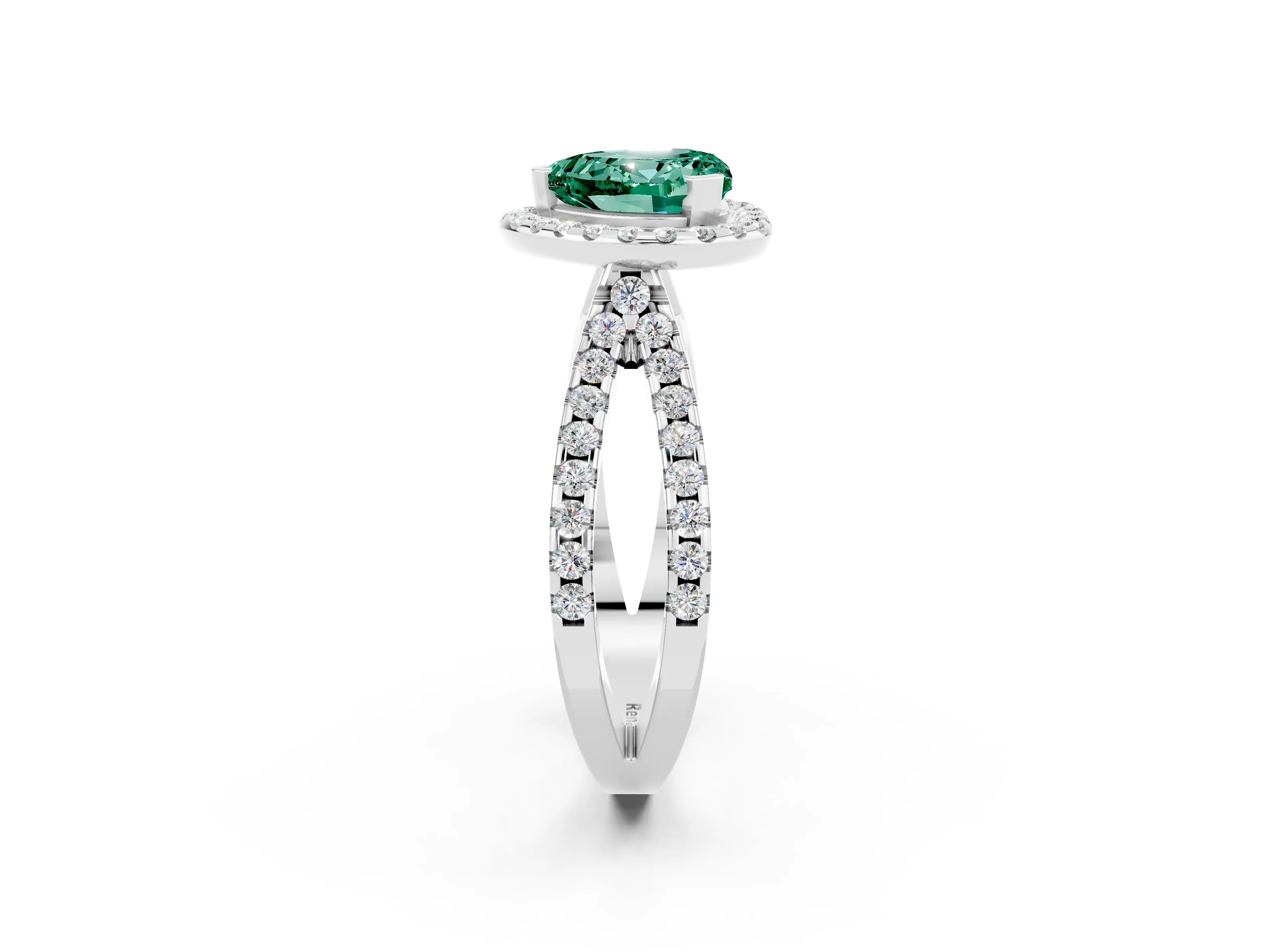 White gold Heart Cut Green Sapphire Halo Ring with Split Shank Pavé Band and Prong Setting_2