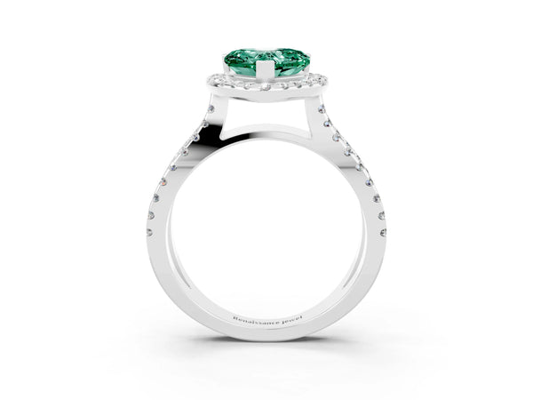 Platinum Heart Cut Green Sapphire Halo Ring with Split Shank Pavé Band and Prong Setting