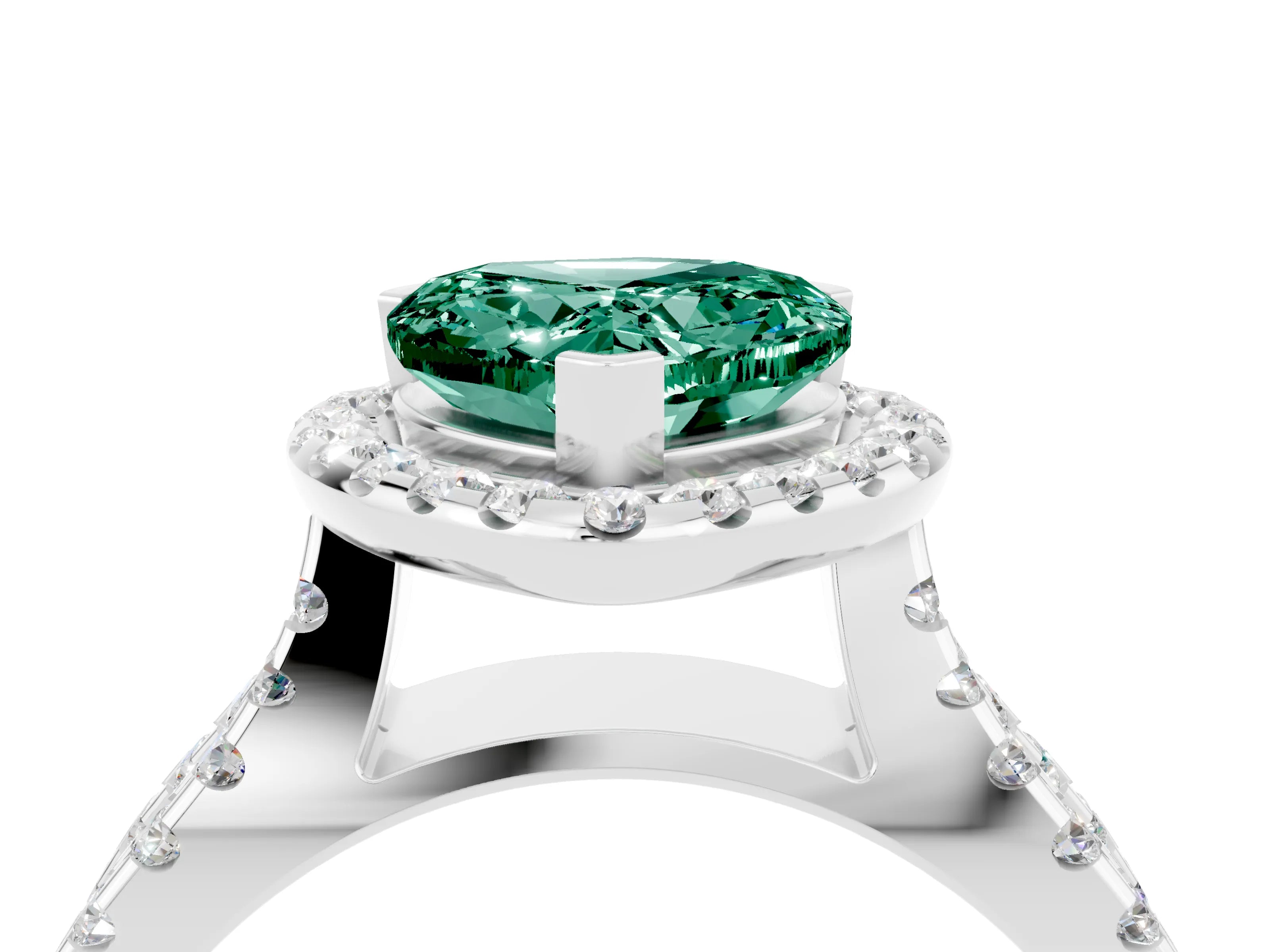 White gold Heart Cut Green Sapphire Halo Ring with Split Shank Pavé Band and Prong Setting_4