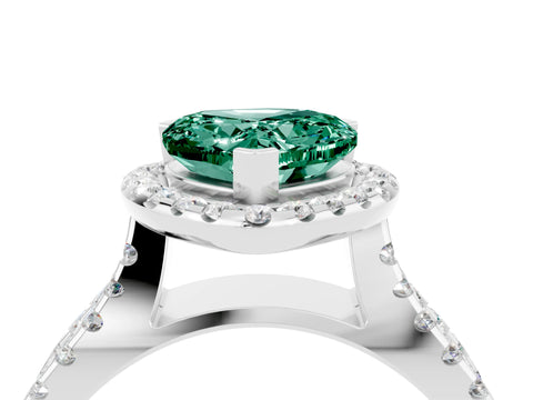 White gold Heart Cut Green Sapphire Halo Ring with Split Shank Pavé Band and Prong Setting_4