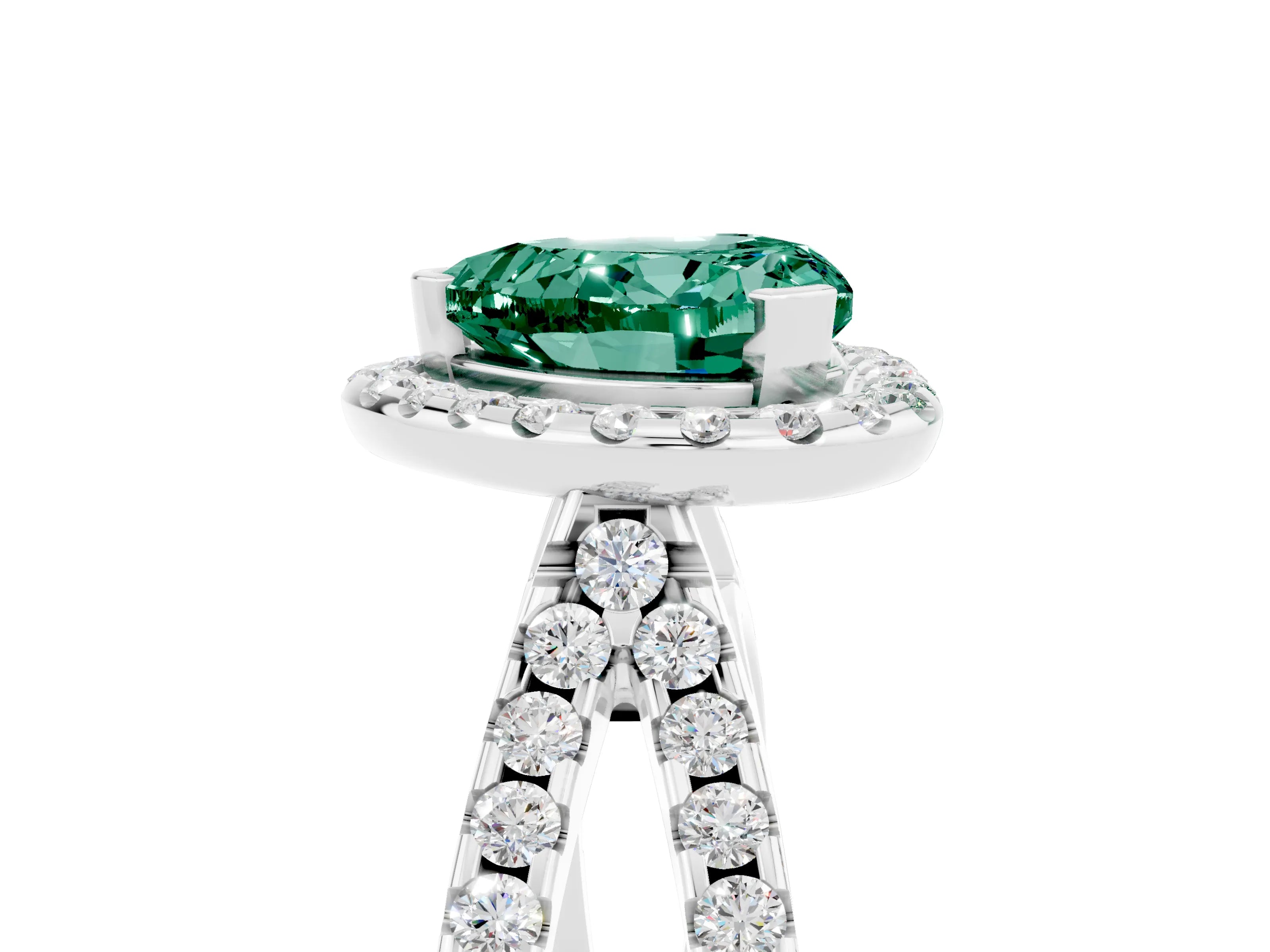 White gold Heart Cut Green Sapphire Halo Ring with Split Shank Pavé Band and Prong Setting_5