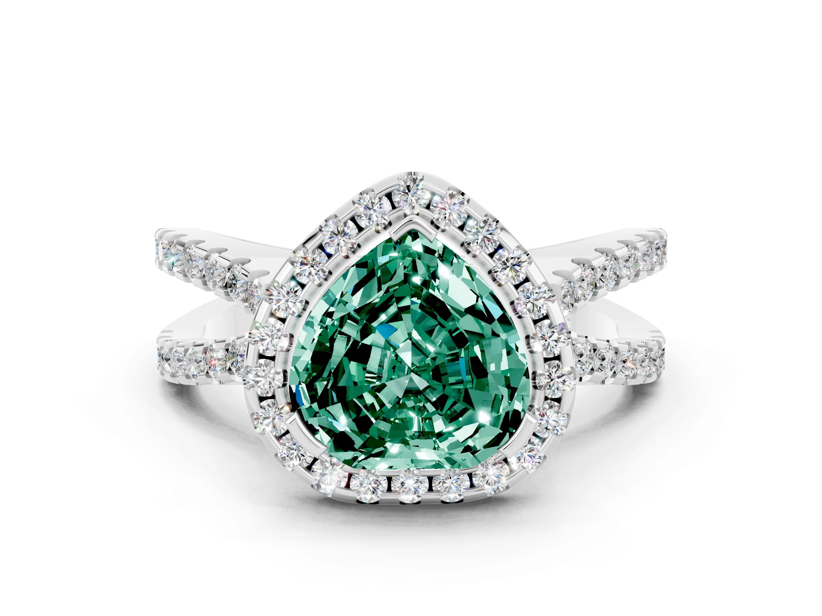 White gold Heart Cut Green Sapphire Halo Ring with Split Shank Pavé Band and Prong Setting