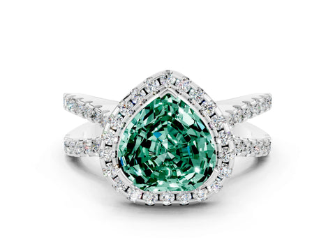 White gold Heart Cut Green Sapphire Halo Ring with Split Shank Pavé Band and Prong Setting