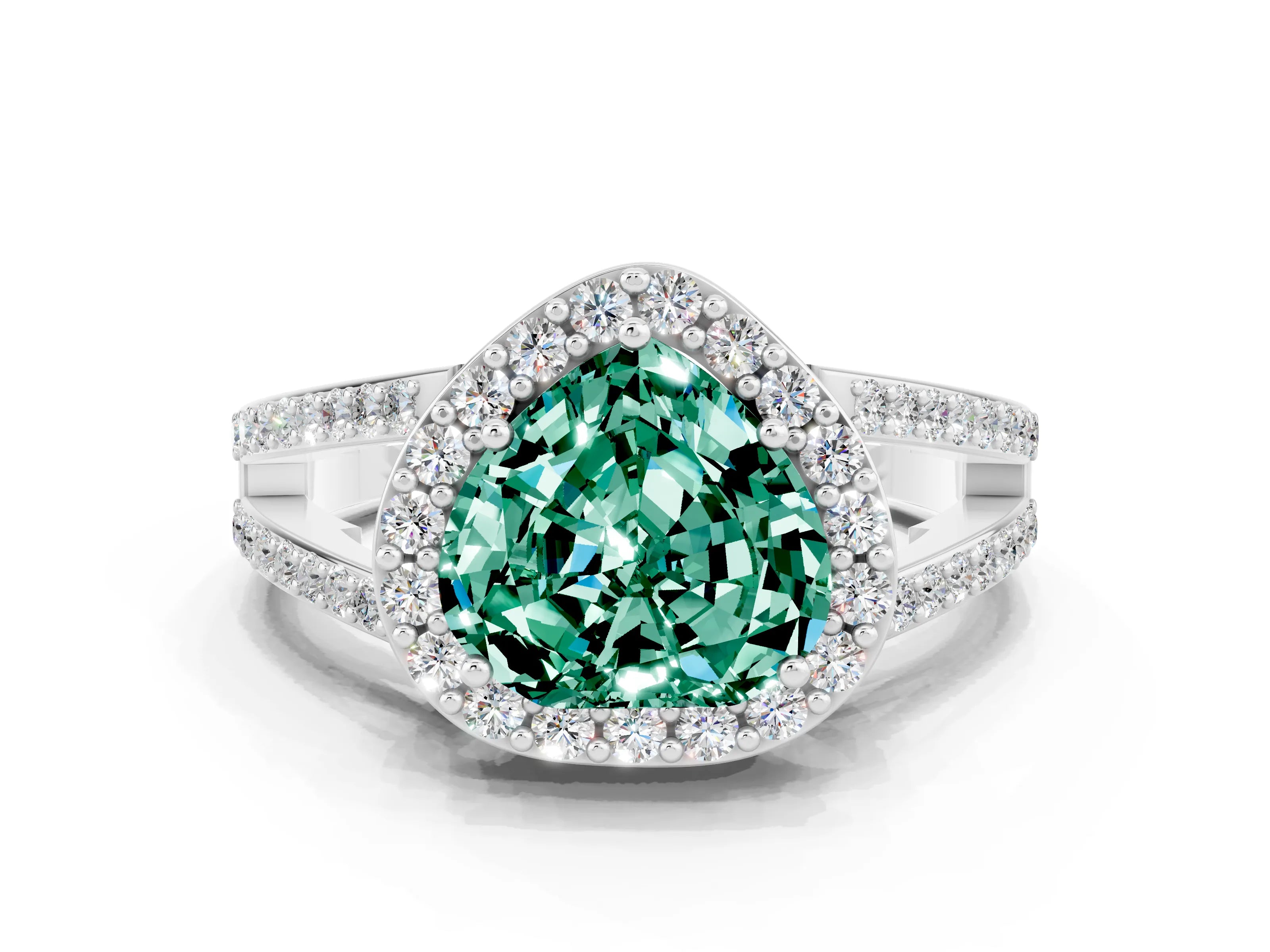 White gold Heart Cut Green Sapphire Halo Ring with Split Shank U-Prong Band and Four-Prong Setting