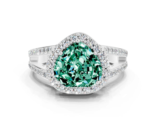 Platinum Heart Cut Green Sapphire Halo Ring with Split Shank U-Prong Band and Four-Prong Setting